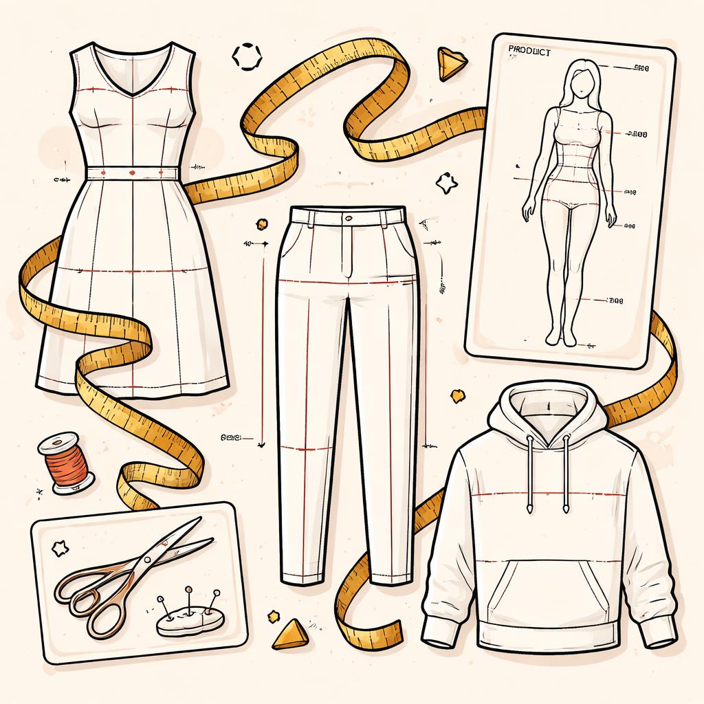 Standardized measurement lines across different garment types A collection of garment flats with measurement lines