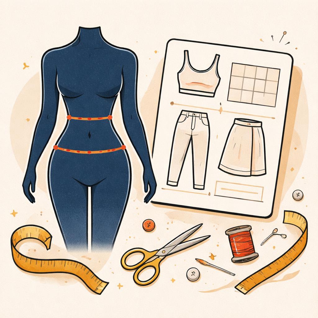 A visual measurement guide showing body measurement points for waist and hips A body silhouette showing waist and hip measurement points